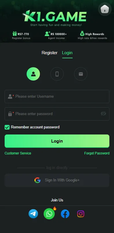 k1 game login page display