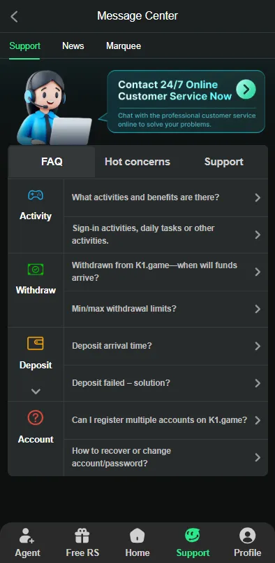 k1 game support page display
